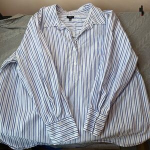 Talbots Popover Blouse 3X Plus 100% Cotton Blue White Striped Resort Collared